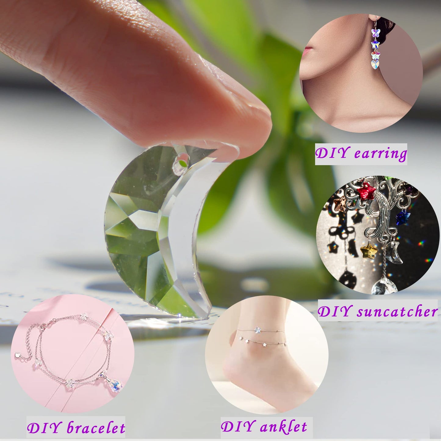 H&D HYALINE & DORA 50pcs 20mm Moon Shapes Crystal Pendant Suncatchers for Jewelry Making Bulk lot Necklace Earrings Bracelet Craft Findings Crystal Prisms for Chandeliers(Clear)