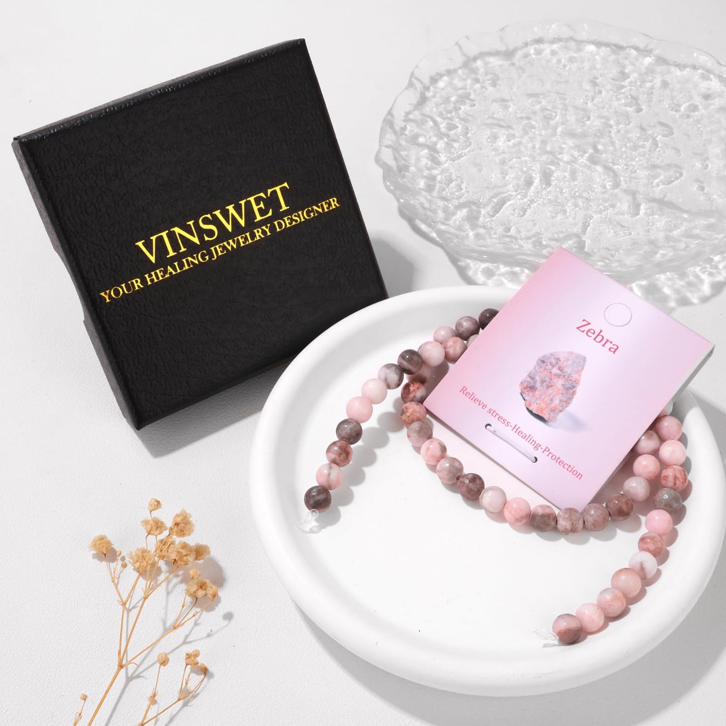 Vinswet 60pcs 6mm Zebra Natural Stone Beads Round Genuine Real Stone Beading Loose Gemstones DIY Smooth Bead for Bracelet Necklace Earrings Jewelry Making