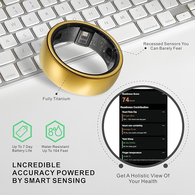 Smart Ring, Activity Trackers, Sleep Ring, Fitness Tracking, Stress Tracker, Heart Rate, Meditation, Temperature, Respiratory, No App Subscription, Women, Men, iOS, Android (Golden, 10)
