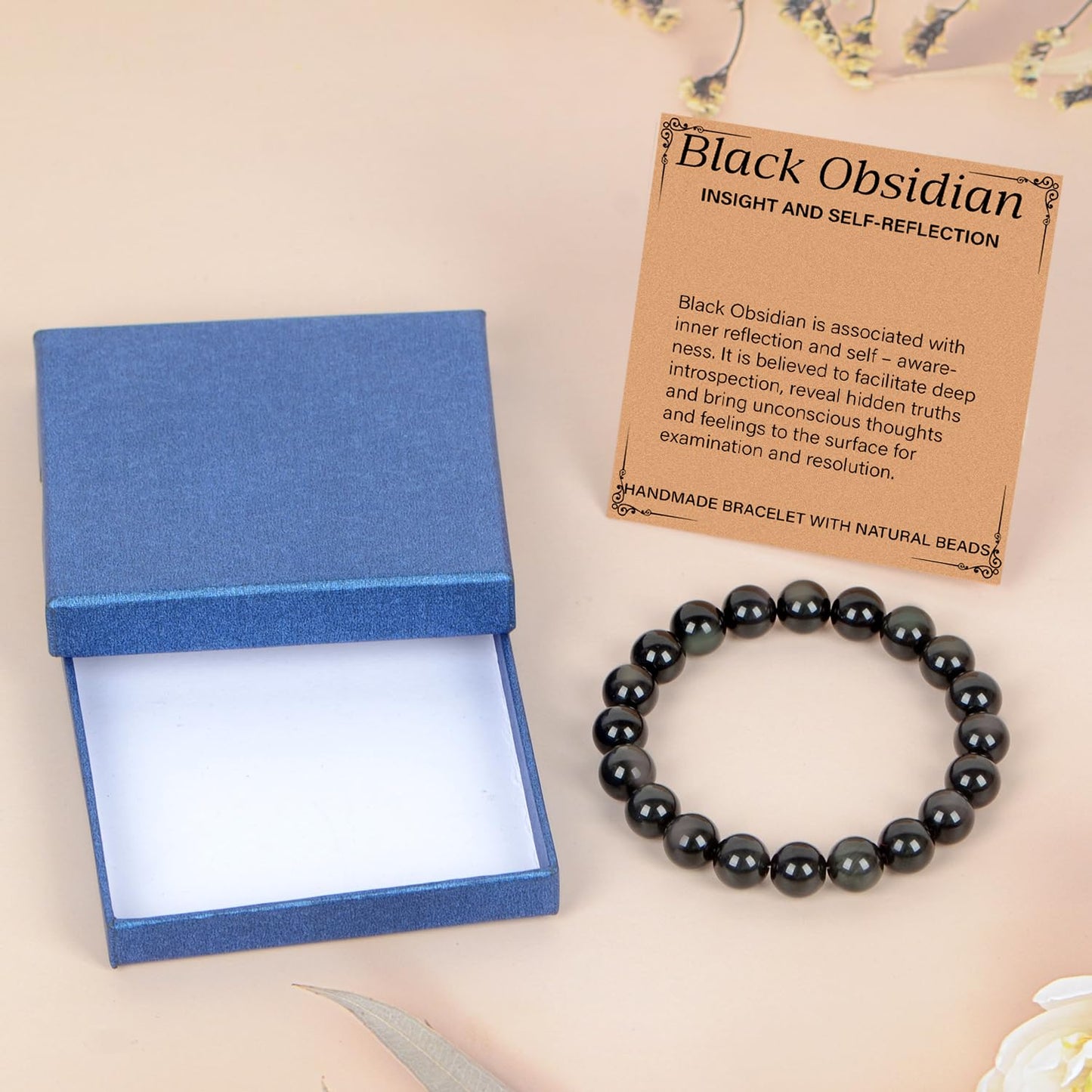 LPBeads Handmade Natural Gemstone Stretch Elastic 10mm Black Obsidian Bracelet Healing Crystal Round Stone Beads Jewelry Gifts for Women Men