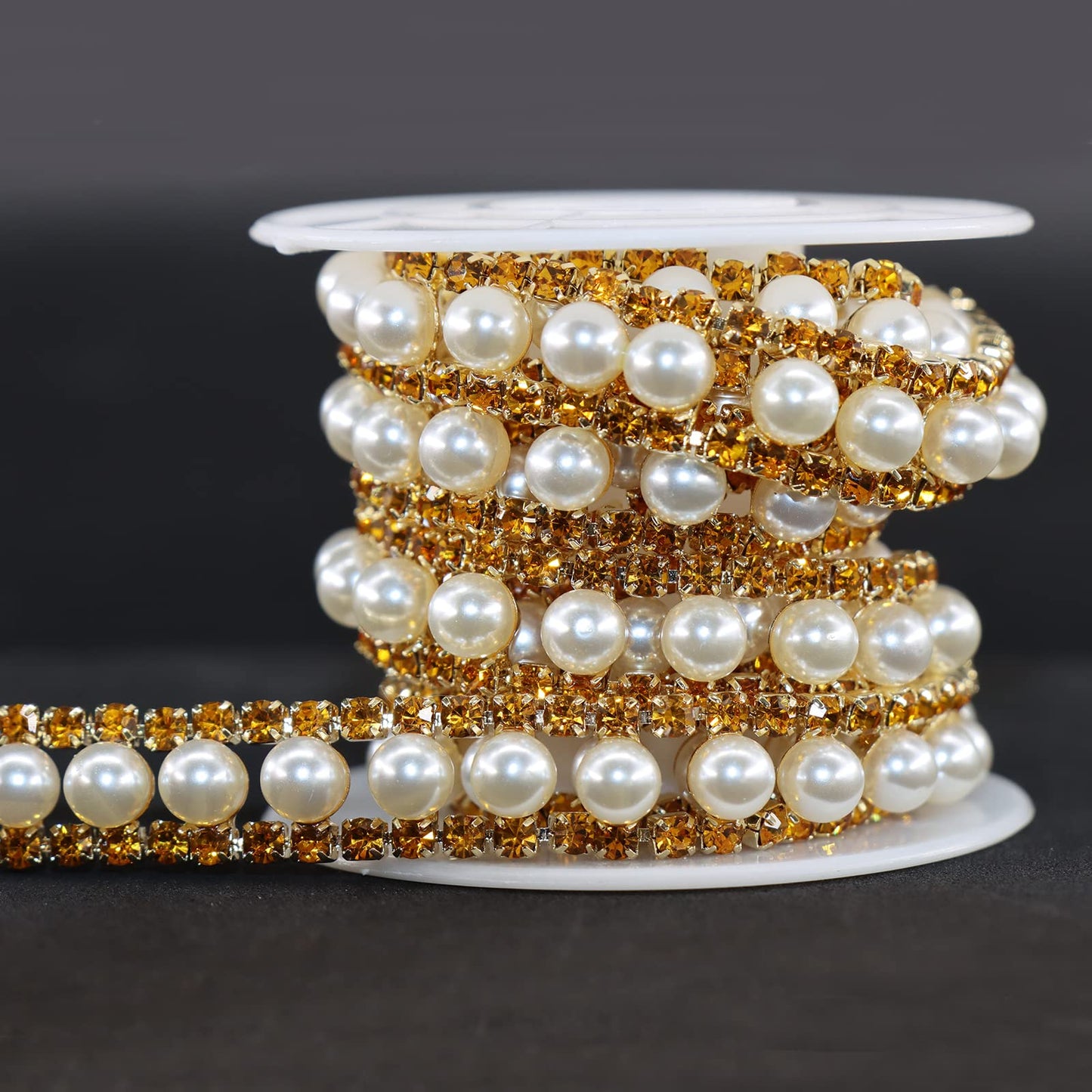 Jerler Gold Rhinestone Trim Applique 1 Yard 2 Rows Crystal Chain Banding Diamond Inlaid White Pearl Beaded Rhinestones for Crafts Clothing and Bridal Embellishments Wedding Ideas Christmas Decorations