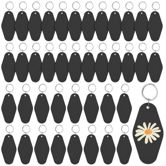LOTMER 40 PCS Hotel Keychain Blank with Key Rings, Black Plastic Motel Keychain for DIY Keychain and Luggage Tag