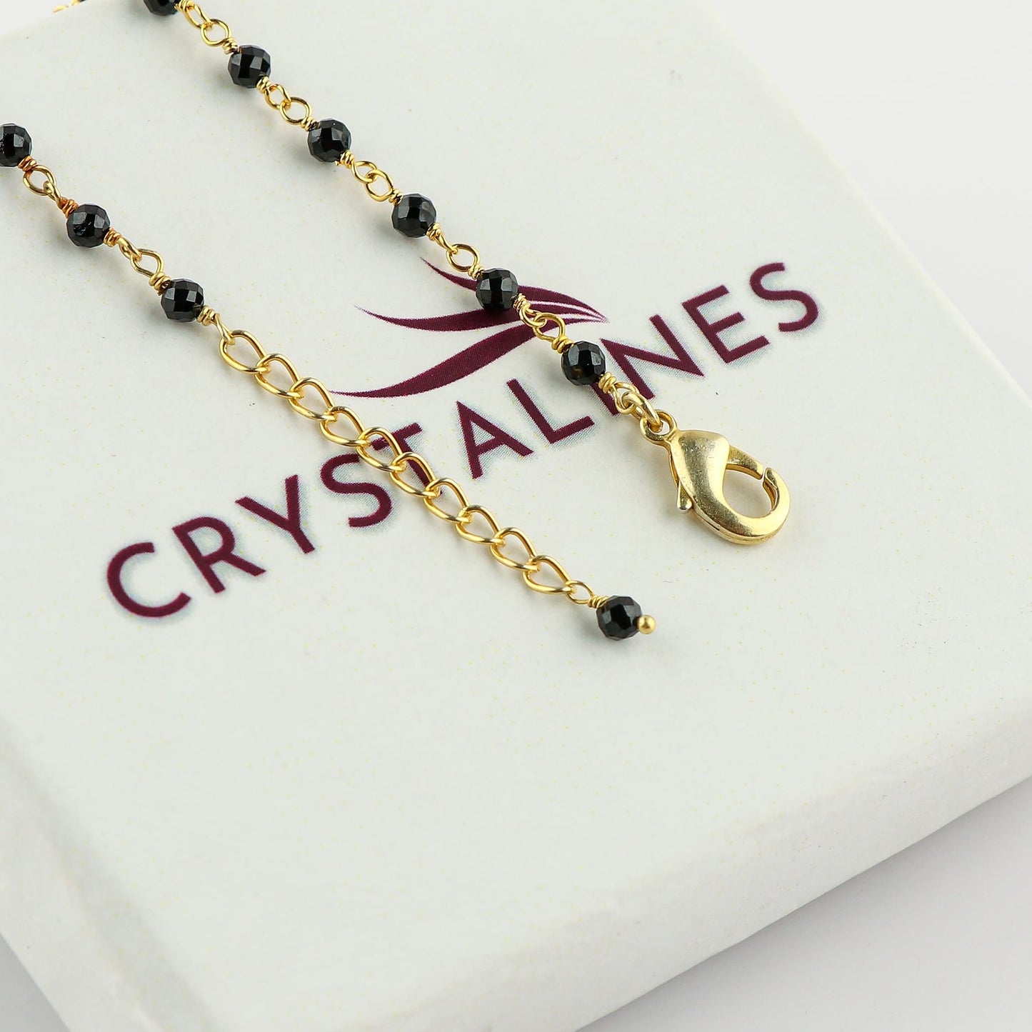 CRYSTALINES Natural Black Spinel Gemstones Bracelet Handmade Hypoallergenic Gold Plated Jewelry for Women Healing Crystals Microfaceted Beads Rosary Chain Boho August Birthday Bracelet, 7+1inch