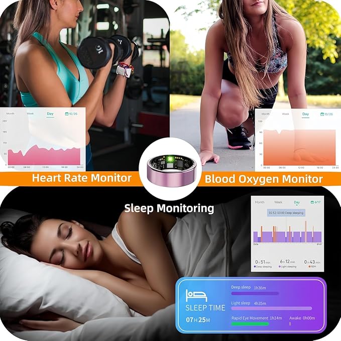 Smart Ring For Women Men, Health Tracker with Heart Rate, Blood Oxygen, Blood Pressure, Sleep Monitor, Step Counting, IP68 Waterproof Fitness ring, No App Fees for iPhone & Android (Silver, 9#)