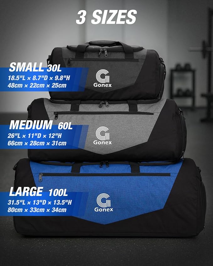 Gonex Gym Duffel Bag with Shoe Compartment Wet Pocket, Large Capacity Sports Duffle Bag for Men Women, Workout & Travel Bag with Multiple Pockets, Black/Blue, Small (30L)