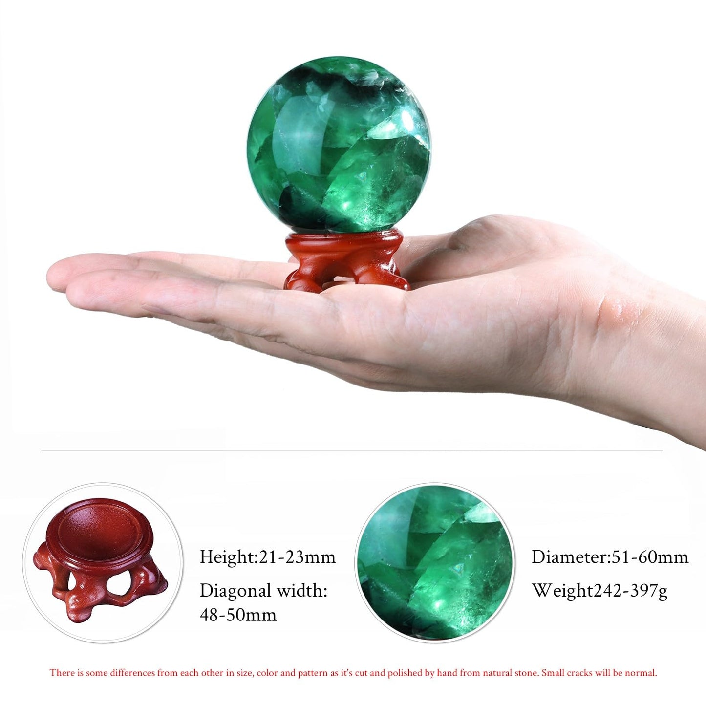 TUMBEELLUWA Fluorite Crystal Ball with Stand for Fortune Teller Witchcraft Divination, Decorative Gemstone Sphere for Home Decor, 51-60 mm