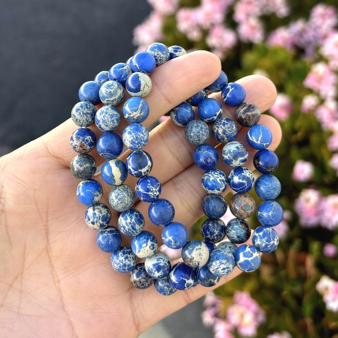 Adabele Real Natural Blue Impression Aqua Terra Sea Sediment Jasper Gemstone Beaded Bracelet 7 inch Stretch Chakra Healing Crystal Stone Jewelry Women Mom Gift GB8-B3
