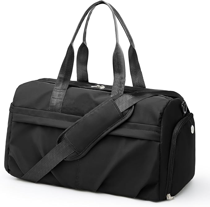 Gym Bag for Women Men with Shoe Compartment, Sport Duffel Bag, Waterproof Travel Weekender Overnight Carry on Bag for Yoga with Trolley Sleeve, Black
