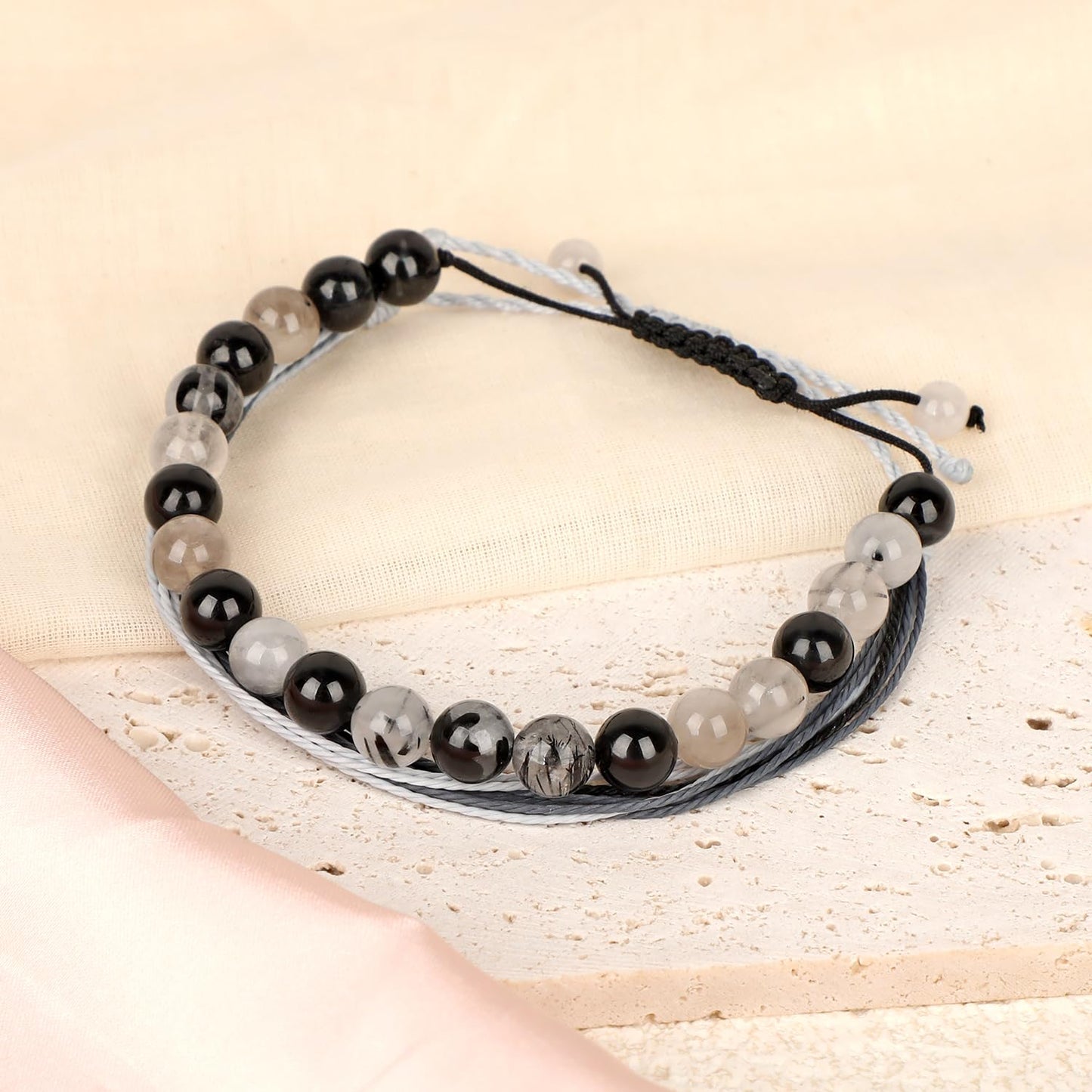 LPBeads 8mm Black Rutilated Bracelet with Handmade Rope Bracelet Size Adjustable Natural Stone Crystal Healing Bracelets Gifts for Unisex Adults