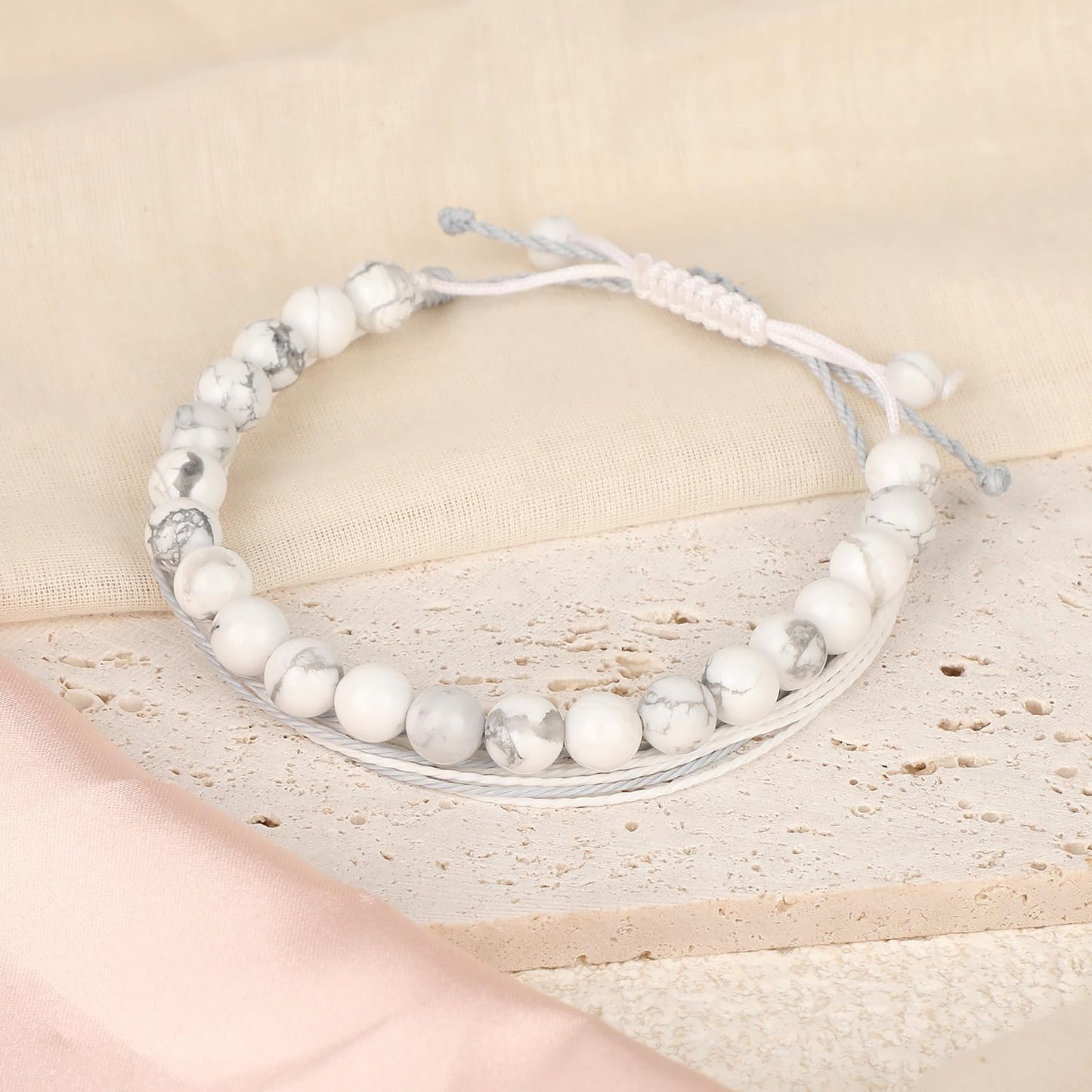 LPBeads 8mm White Howlite Bracelet with Handmade Rope Bracelet Size Adjustable Natural Stone Crystal Healing Bracelets Gifts for Unisex Adults