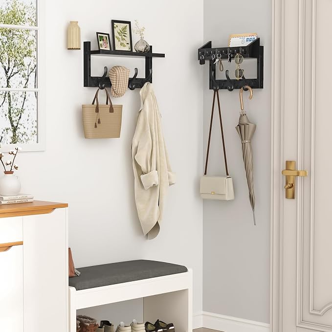 Evermagin 29" Coat Rack Wall Mount with Shelf, 4 in 1 Wall Mounted Coat and Key Hanger with 11 Hooks, Entryway Key Holder with Mail Holder for Living Room, Bedroom, Black