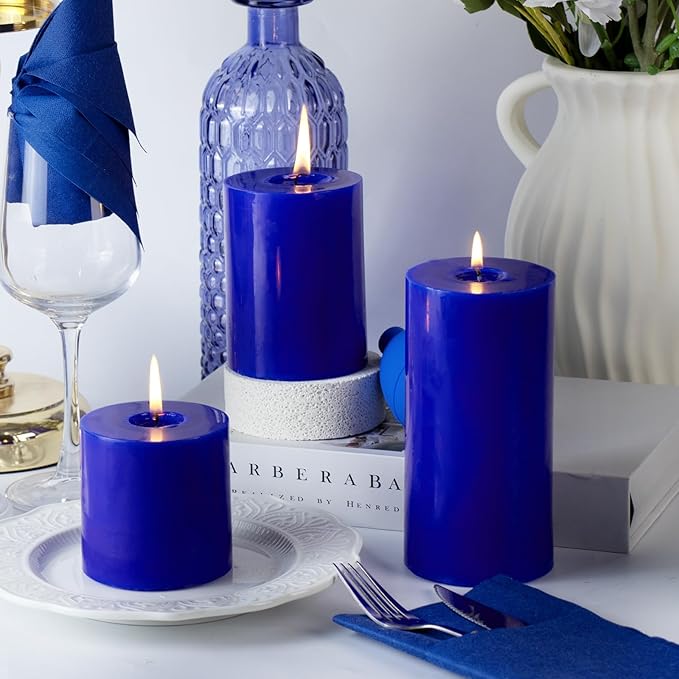 KONNI Classic Blue Pillar Candles Set of 3, 3"x 4" Unscented Pillar Candles Bulk, 42 Hours Long Burning Candles, Smokeless&Dripless Large Round Candle for Wedding, Home Decoration, Parties, Spas
