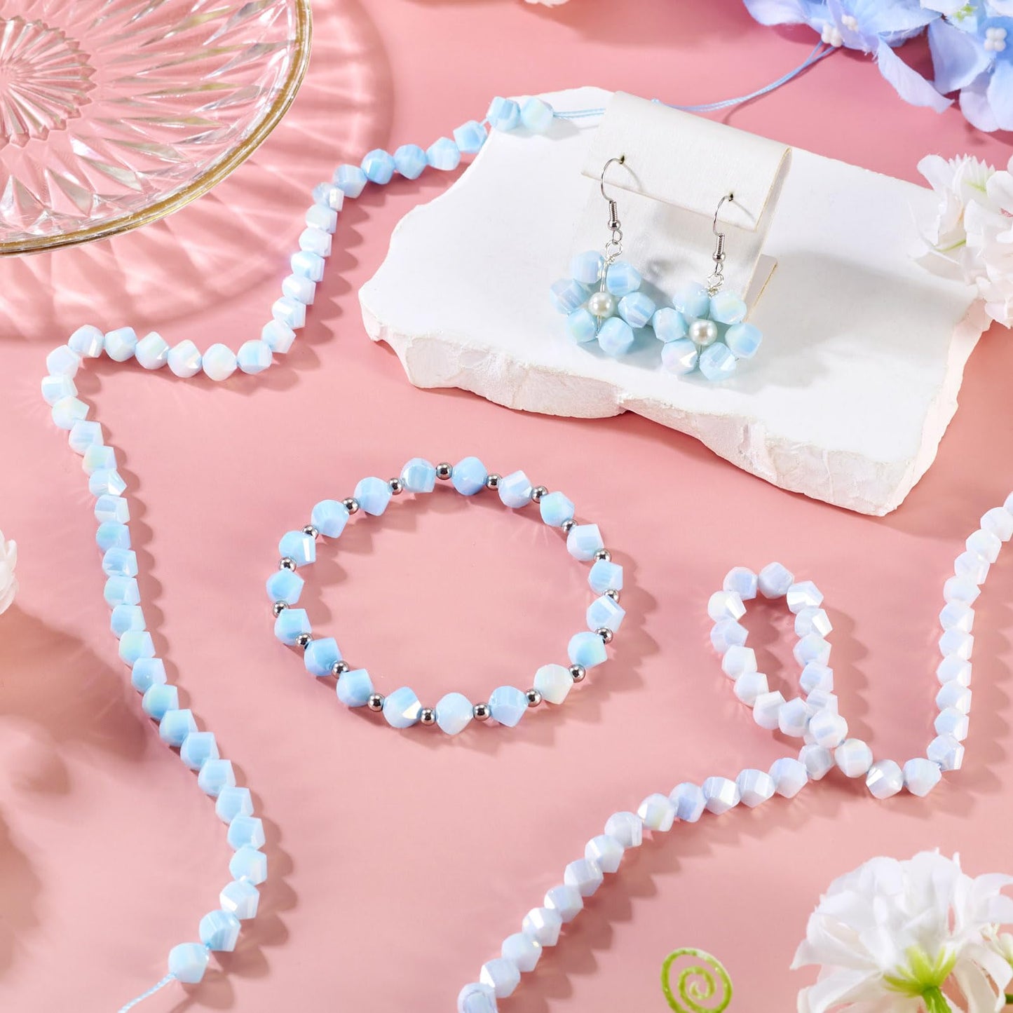Elecrelive 100Pcs Blue Faceted Glass Beads Twist Crystal Beads Two Tone Imitation Jade Gems for Bracelet Necklace Jewelry Making