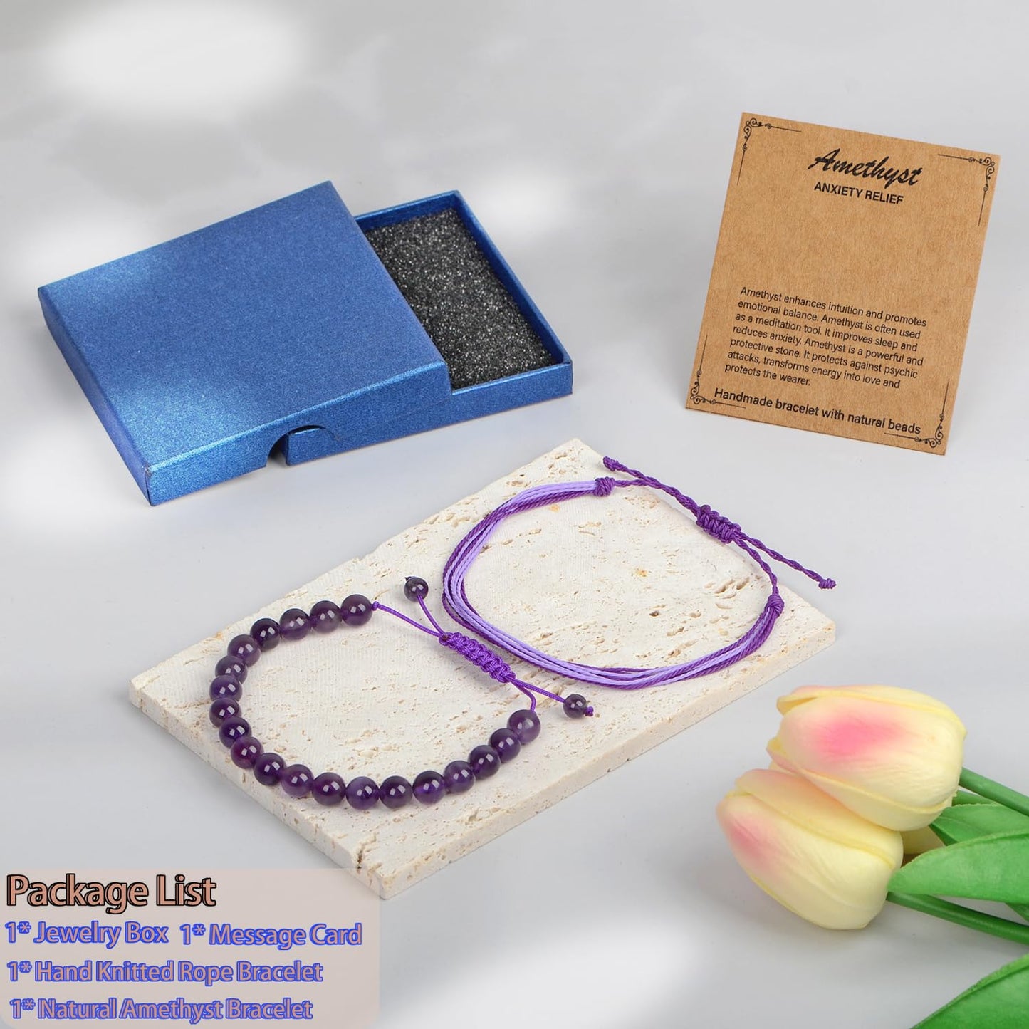 LPBeads 8mm Purple Amethyst Bracelet with Handmade Rope Bracelet Size Adjustable Natural Stone Crystal Healing Bracelets Gifts for Unisex Adults