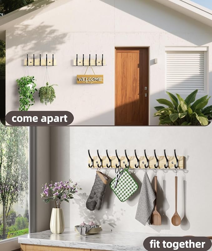 Optish 1 Pack Wooden Coat Rack Wall Mount, 16.1" Rustic Coat Hanger Hooks with 5 Double Hooks, Wall Coat Rack for Hat, Clothes, Bags, Jacket, Natural Wood