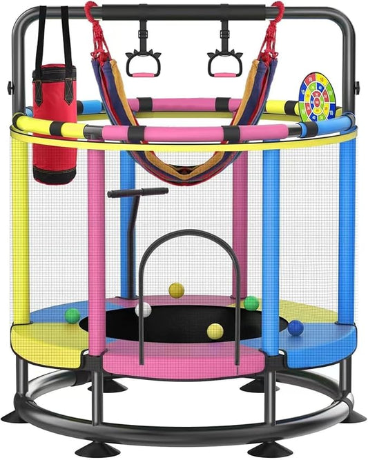 Trampoline for Kids, Full Anti-Rust 440lbs Anti-Rollover Round Bottom Toddler Trampoline, T-handrail Adjustable Baby Toddler Trampolines Dart Board