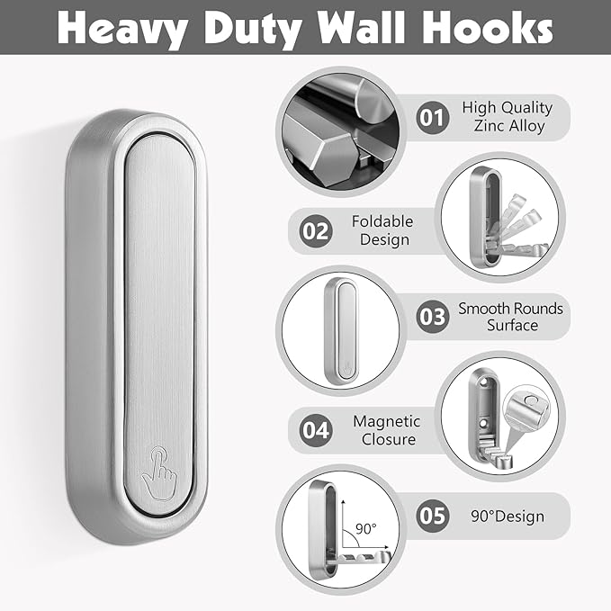 Dntorx Foldable Wall Hook, 40 lbs Heavy Duty Screw Mounted, Aluminum Alloy Flip-Down Silver Coat Hook, Space-Saving Folding Wall Hanger for Bathroom Bedroom Entryway Closet, Includes Screws (4 Pack)