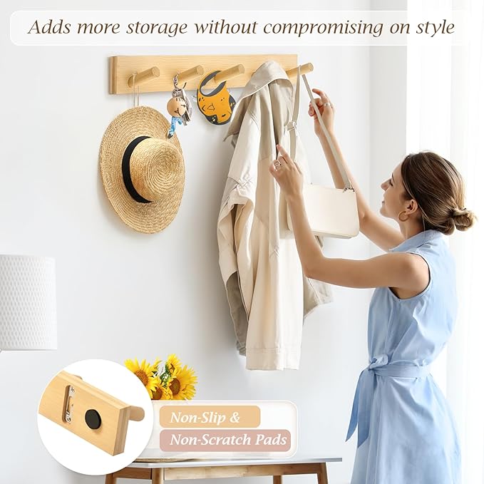Coat Rack Wall Mount, Wooden Coat Hanger with 5 Hooks, Heavy Duty, Natural, 2 Pcs