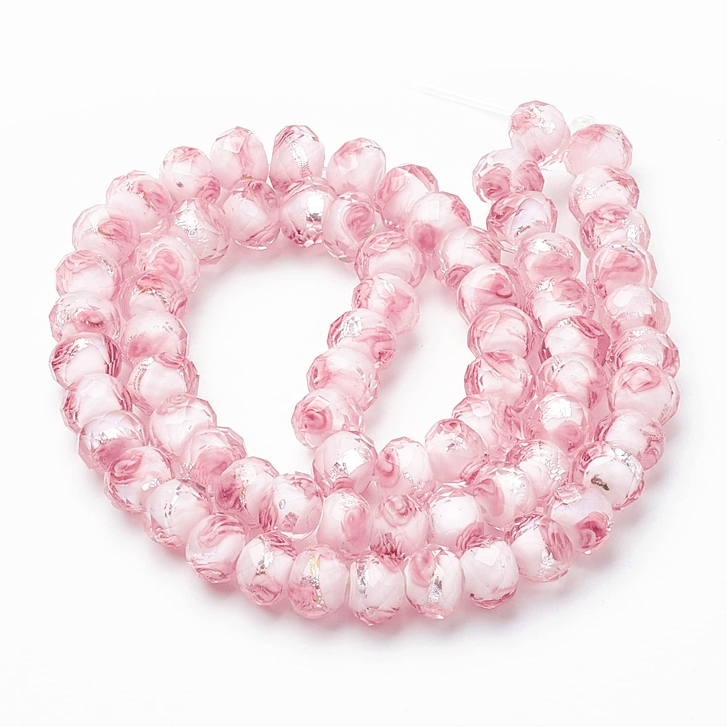 PH PandaHall 45pcs 11~12mm Pink Rose Lampwork Glass Beads Silver Foil Glass Flower Beads Floral Handmade Lampwork Bead with 1.6~2mm Hole Round Loose Bead for Rosary Making Jewelry Craft Making