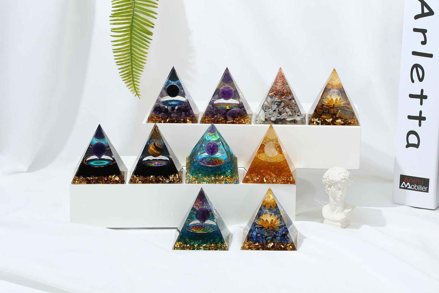 YATOJUZI 2.4" Orgone Pyramid Crystals Amethyst Obsidian Chakra Reiki Orgonite Gemstones for Positive Energy Reduce Stress Attracts Lucky Wisdom Success Suit for Yoga Meditation Indoor Handmade Decor