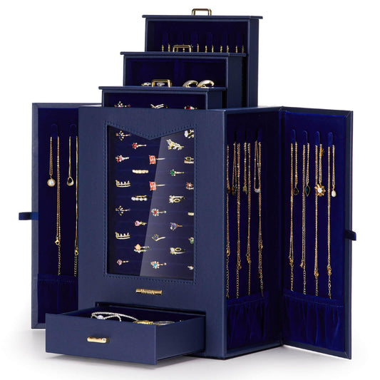 Homde Jewelry Organizer with Transparent Window Necklace Hooks Gift for Women Jewelry Box Display Case for Necklaces Rings Earrings Bracelets and Other Accessories (Dark Blue)