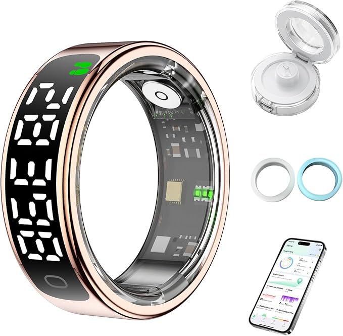 Smart Health Ring for Women Men, Smart Ring Fitness Tracker for iOS Android, Heart Rate, Blood Oxygen, Blood Pressure, Sleep Monitoring,5ATM Waterproof, No Subscription Fee (Gold, 9#)