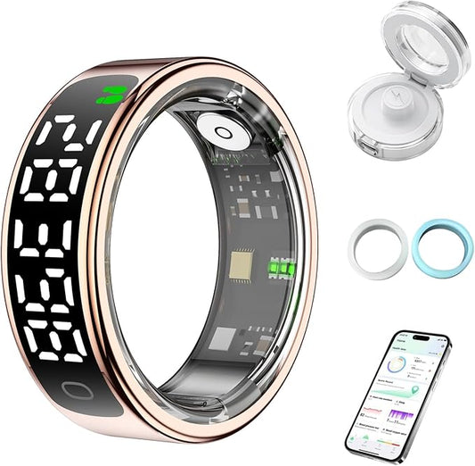 Smart Health Ring for Women Men, Smart Ring Fitness Tracker for iOS Android, Heart Rate, Blood Oxygen, Blood Pressure, Sleep Monitoring,5ATM Waterproof, No Subscription Fee (Gold, 9#)
