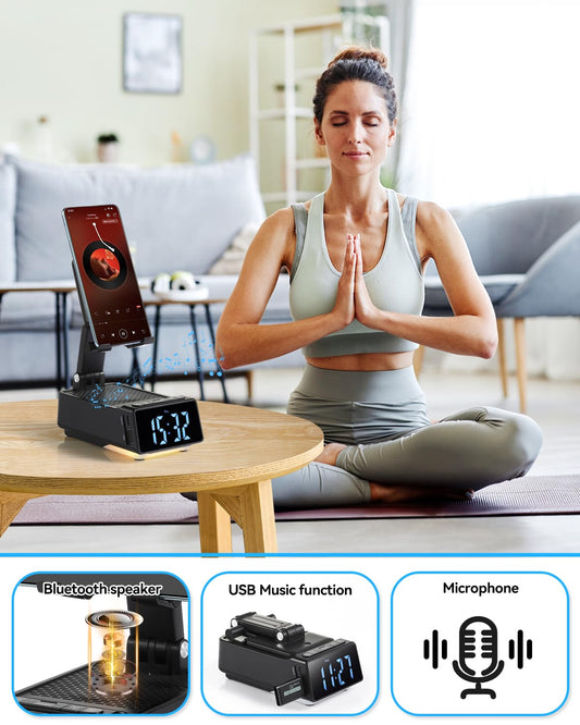 Father's Day Gifts for Dad, Birthday Gifts for Men, 7 in 1 Phone Stand Bluetooth Speaker with Alarm Clock, Wireless Charger, Light, USB Playback & Hands-Free Calling