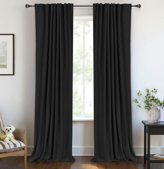 Skiennix 100% Blackout Linen Curtains - Thermal Insulated Drapes for Bedroom | 84" Long, Black, 2 Panels Set