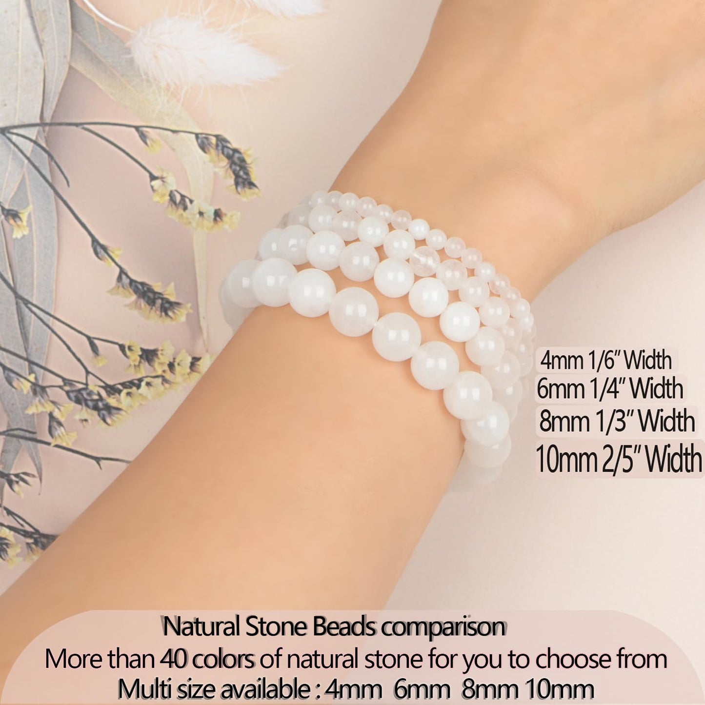 LPBeads Handmade Natural Gemstone Stretch Elastic Bracelet Healing Crystal Round Stone Beads Jewelry Gifts for Women Men (White Jade, 10mm)