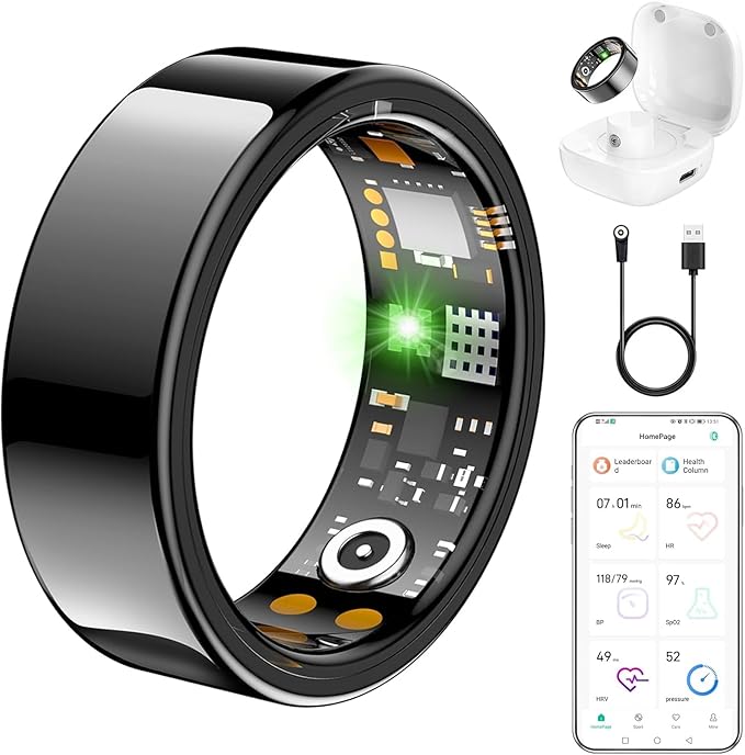 Ring Health Tracker for Women Men, Fit Ring with Heart Rate, Blood Oxygen, Sleep Monitor, Calories, Step Counter, IP68 Waterproof Smart Ring for iPhone & Android, No Subscription Fee (Black, 9#)