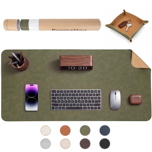 Premium Faux Leather Desk Mat & Tray Set，Innovative Cork-Look Printed Base，Gift Tube Packaging，Full-Desk Coverage，Non-Slip Desk Pad for Office Home（Olive Green）
