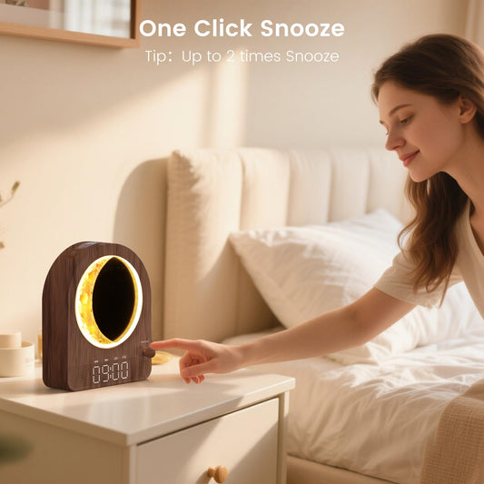 Epochleno Sunrise Alarm Clock, White Noise Machine & Meteor Moonlight - 10 Soothing Sounds, Dual Alarms, 30/60/90min Timer, Easy Snooze - Bedroom Gift for Insomnia Adults/Women - Walnut