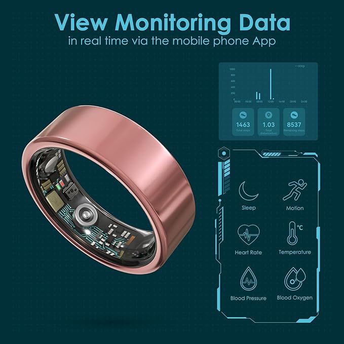 Smart Ring Health Monitoring 5ATM Waterproof Fitness Tracker with Glossy Titanium Surface Blood Oxygen/Sleep/Stress Tracking Women?™s Cycle Prediction Sport Ring Compatible with iOS/Android Ink 11