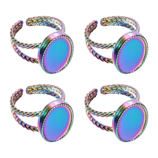 MECCANIXITY 4Pcs Stainless Steel Ring Base Blank, 16x12mm Adjustable Pad Cabochon Ring Blank Base Flat Bezel Tray for Jewelry Making Finding DIY, Rainbow