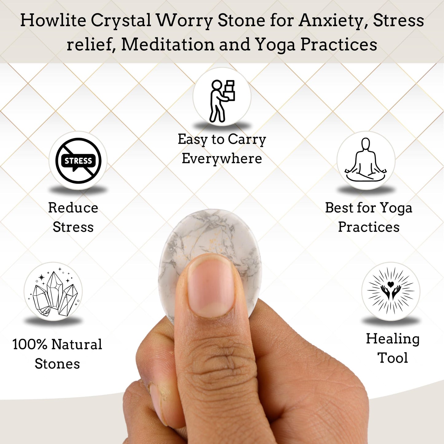 Anaya Agate Howlite Worry Stones Certified Crystal Thumb Worry Stone for Anguish, Relaxing and Soothing Balance Stones for Meditation, Stress Relief Crystals and Healing Stones for Men, Women