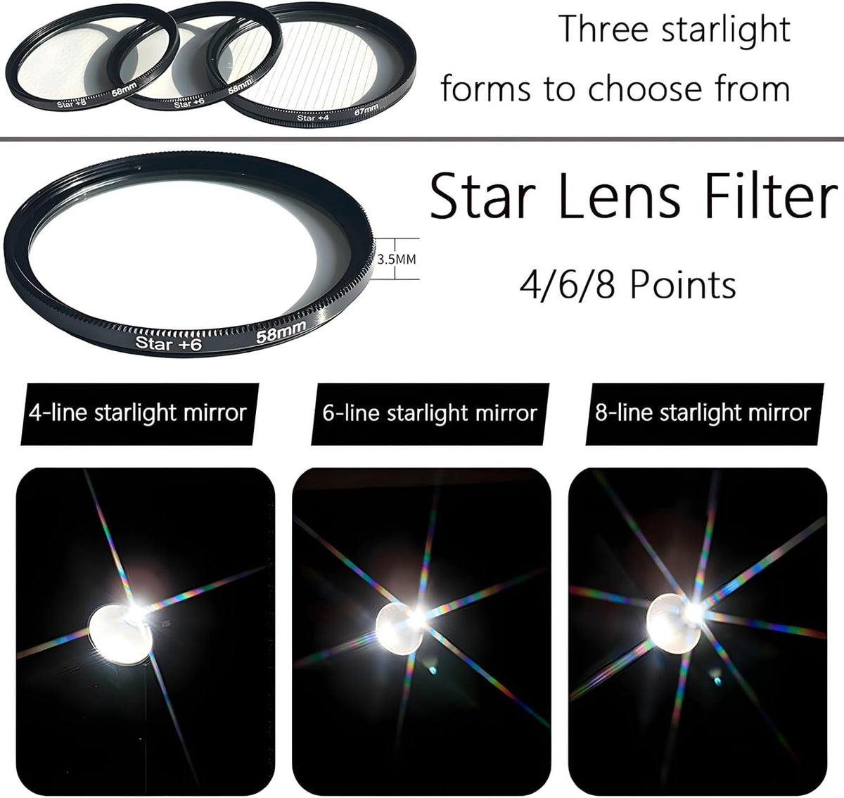 YOFOTIXAUU 37mm (3pcs) 4 6 8 Set, (37mm) Star Filters Kit Points Cross Screen Starburst Filters Lens Cap & Cleaning