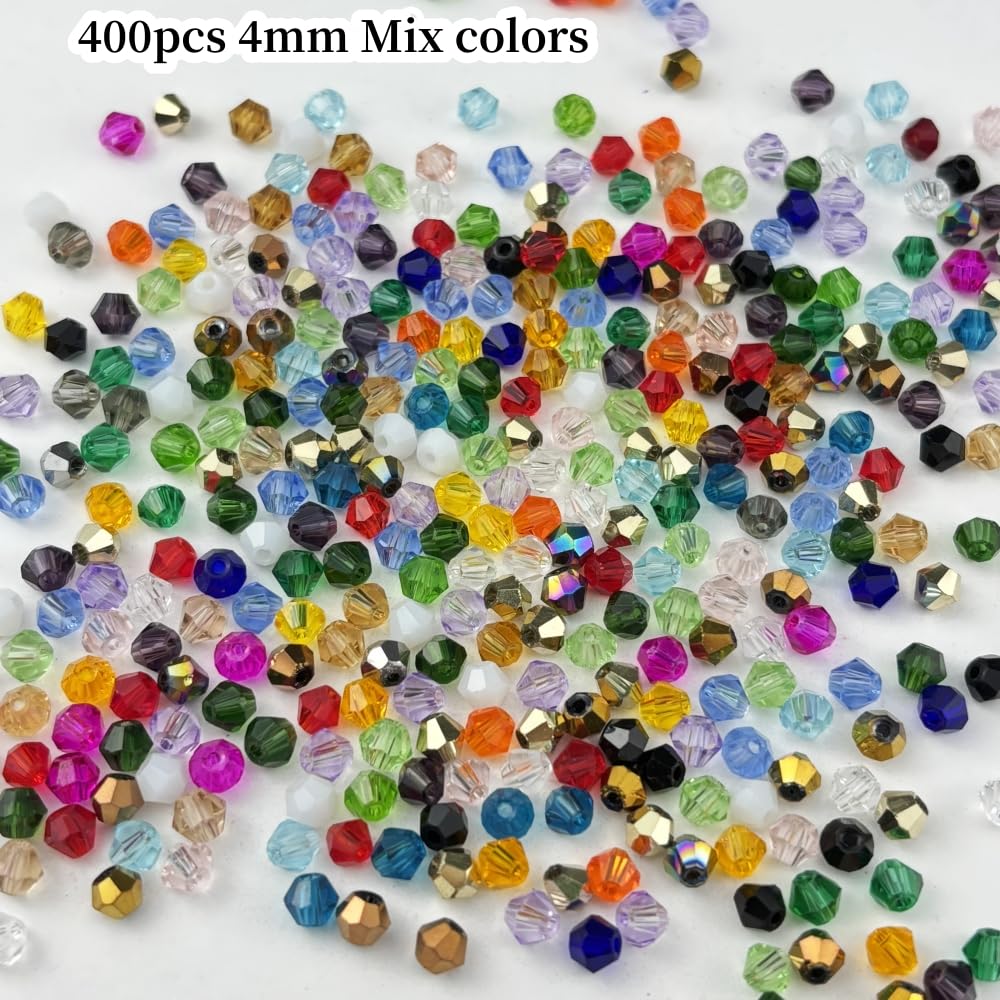 YUEXIGO 400pcs 4mm Bicone Glass Crystal Beads for Jewelry Making, Faceted Bicone Glass Spacer Beads for Bracelet Earring Necklace DIY Craft(Mix Color)