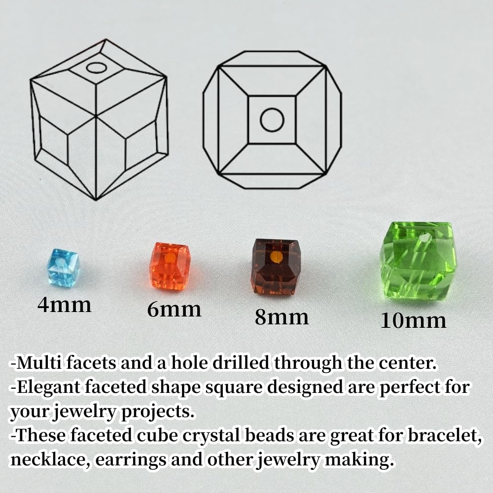 YUEXIGO 200pcs 4mm Cube Crystal Glass Beads for Jewelry Making Faceted Square Crystal Glass Bead Spacer Beads Loose Beads for Bracelet Earring Necklace DIY Craft(Mix Colors)