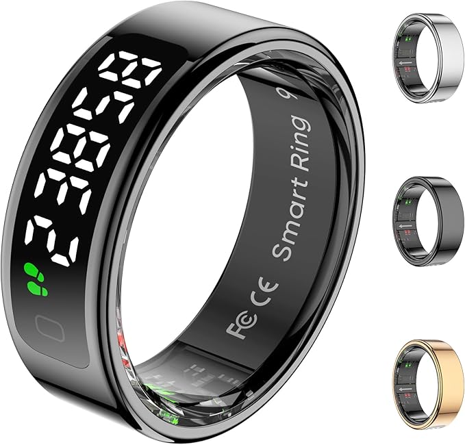 Smart Rings for Men with Display Screen, Fitness Ring with Wireless Charging, Sleep Tracker Ring with Heart Rate, Health Rings for Activity Monitoring/Steps/Calories, for iOS Android (Black,10#)