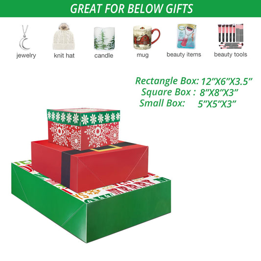 Party Funny 14 Decorative Christmas Gift Boxes with Lids and 80-Count Foil Christmas Gift Tag Stickers (Assorted size, 6 Rectangle, 4 Square, 4 Small Square)