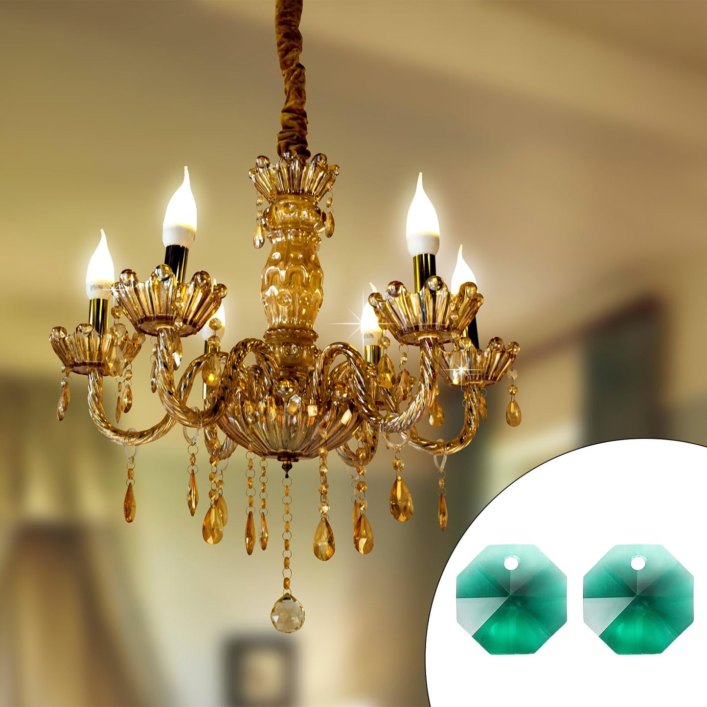 uxcell 25Pcs 1 Hole Crystal Octagon Beads, 14mm K9 Glass Hanging Chandelier Beads Prisms Parts for Crystal Chandeliers Lamp Hanging Pendant Jewelry DIY Craft, Peacock Green