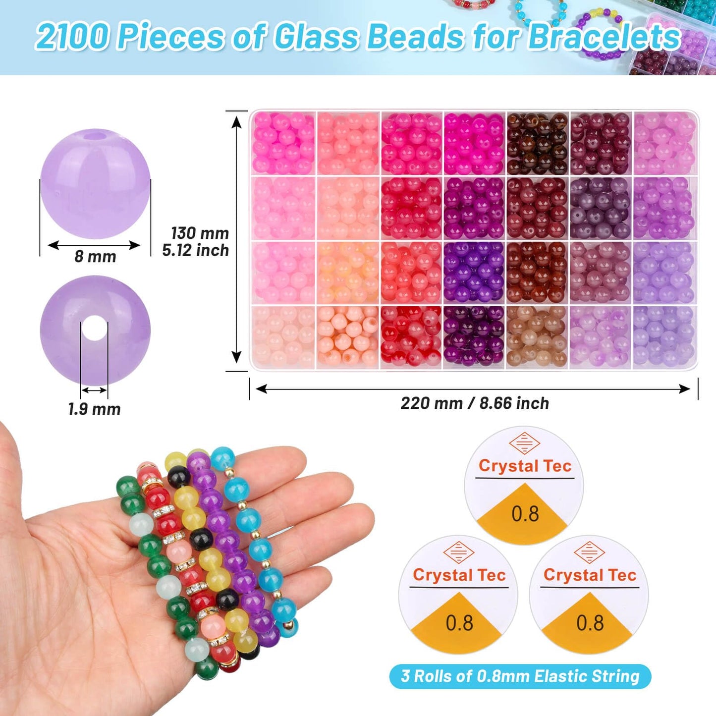 shynek 2100 Pieces 8mm Round Glass Beads for Bracelets, 84 Colors Crystal Glass Beads for Jewelry Making and DIY Crafts