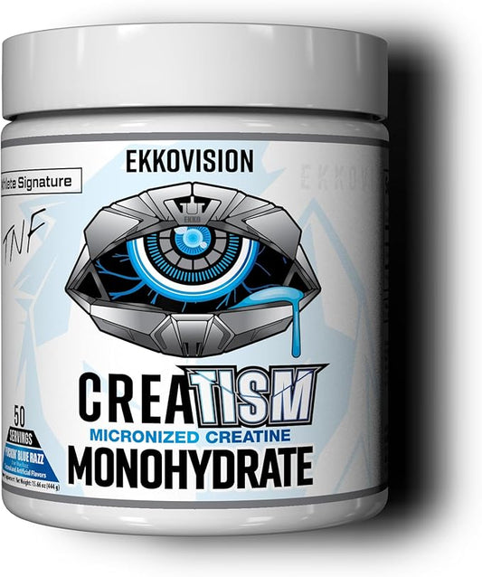 Ekkovision Creatine Monohydrate Powder, Micronized, Puckin' Blue Razz, Pre Workout & Post Workout Supplement for Men & Women, Energy Support, Easy to Mix in Shakes, Smoothies & Beverages, 50 Servings