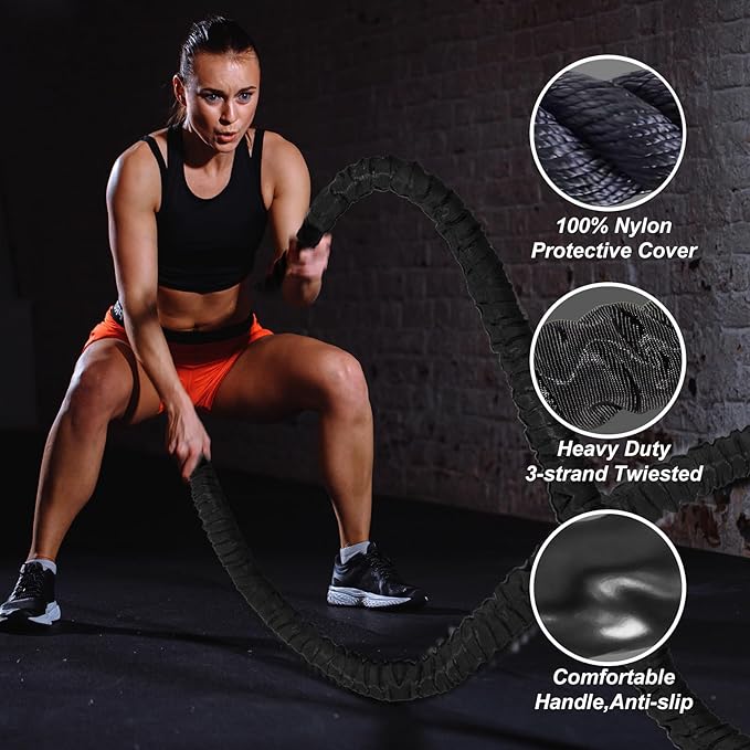 Battle Rope 1/1.26/1.5/2 Inch Diameter,Pink 30FT/40FT/50FT Exercise Workout Ropes for Home Gym Heavy Weighted Training Rope for Working Out