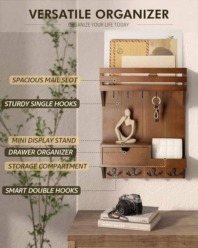 Rebee Vision Farmhouse Key Holder Wall Mount – Decorative Mail Organizer with 9 Key Hooks and Mini Drawer Organizer – Rustic Home Decor for Apartment Essentials (Brown)