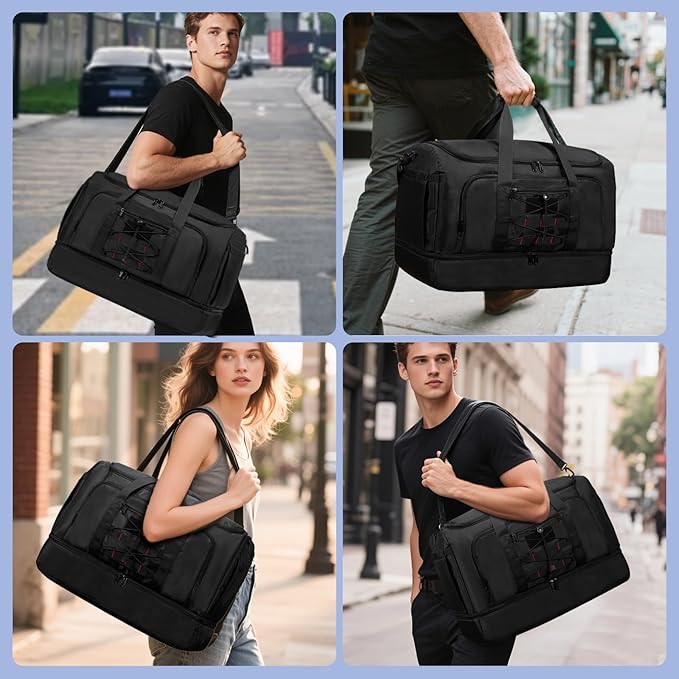 Travel Bag for Men Women, Duffle Bag & Gym Bag with Shoe Compartment, Weekender Overnight Bag with Toiletry Bag and Carry on Bags for Travel, Flight Airplane, Fit Trip, Gym, Yoga, Black