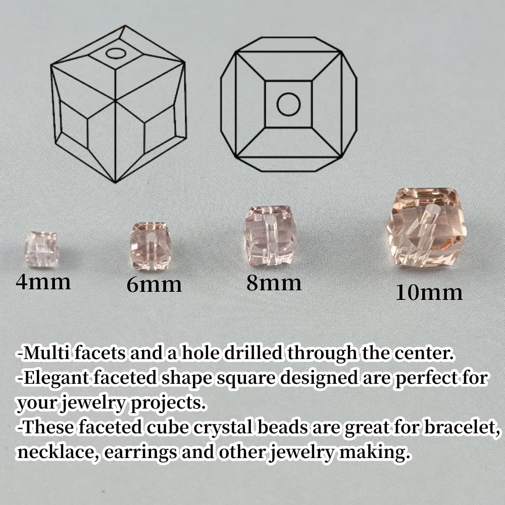 YUEXIGO 100pcs 8mm Cube Crystal Glass Beads for Jewelry Making Faceted Square Crystal Glass Bead Spacer Beads Loose Beads for Bracelet Earring Necklace DIY Craft(Pink)