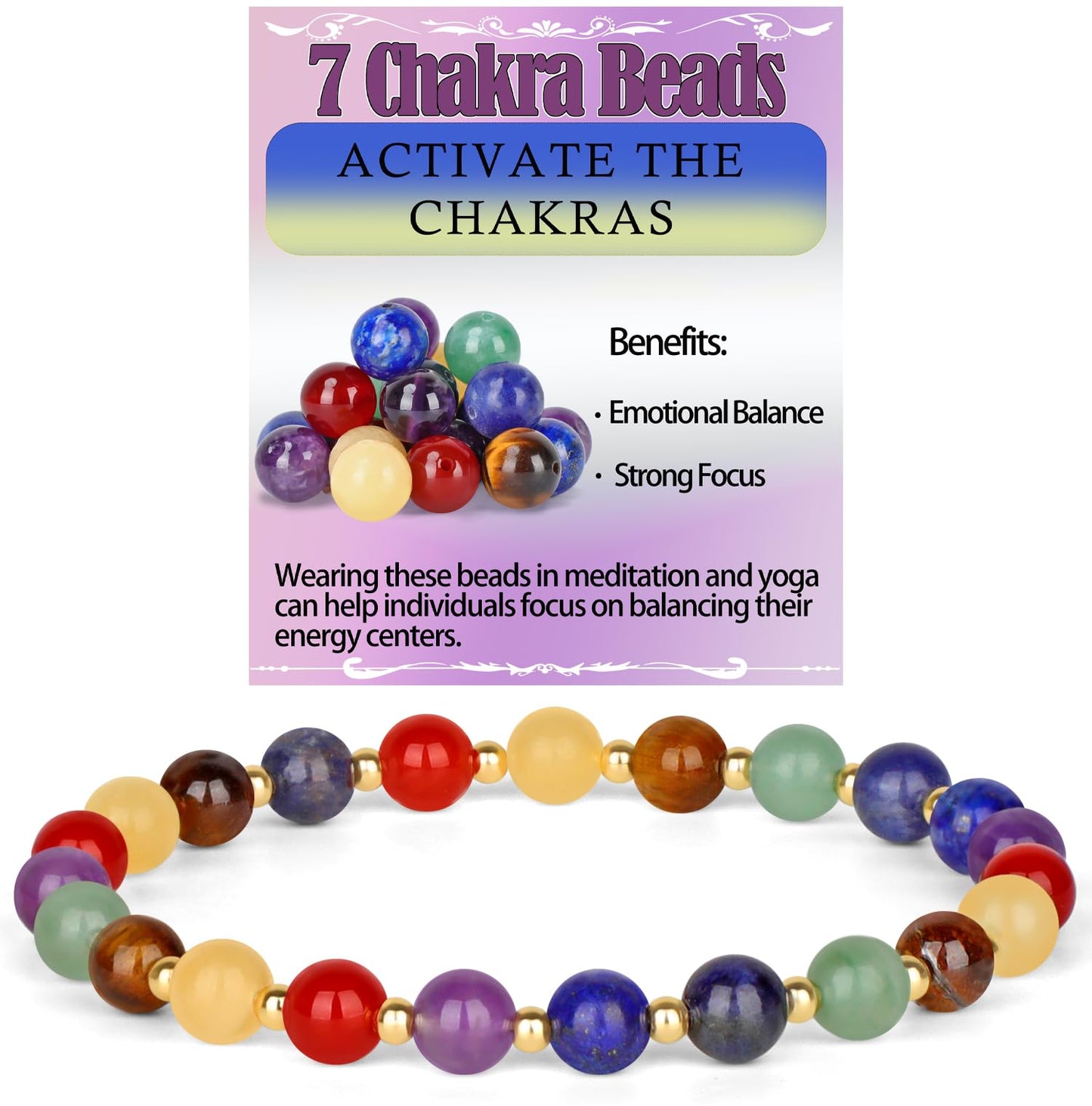 QOGIR 7 Chakra - Activate The Chakras - 14K Gold Plated Beads Natural Gemstone Stretch Elastic Dainty Healing Beaded Bracelets Gifts 6mm