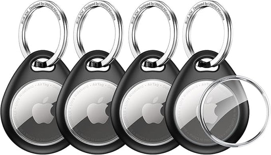 UNBREAKcable Holder for Apple AirTag 4 Pack [Hold Air Tag Securely] [Easy to Install] [Fit Tightly Design] Protective Case Waterproof TPU Shell with 304 Stainless Steel Key Ring Keychain, Black